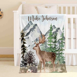 Woodland Reindeer Nursery Blanket, Personalized Baby Deer Blanket, Forest Animal Baby Blanket Kids Custom Name Blanket Baby Shower Gift