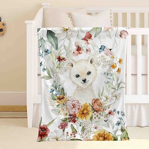 Spring Floral Animal Nursery Blanket, Personalized Baby Polar Bear Blanket, Jungle Baby Blanket Kids Custom Name Blanket Baby Shower Gift