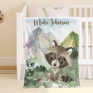 Coperta per la cameretta dei bambini a forma di procione, coperta personalizzata per neonati a forma di procione, coperta per neonati a forma di animale del bosco, coperta con nome personalizzato per bambini, regalo per baby shower.