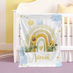 Cobertor de berçário Boho Rainbow personalizado com girassol floral, cobertor para bebê com nome personalizado, presente de chá de bebê, cobertor de inverno