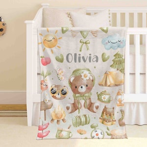 Happy Camper Nursery Blanket Personalized Baby Camping Blanket Hiking Baby Blanket Kids Custom Name Blanket Woodland Baby Shower Gift