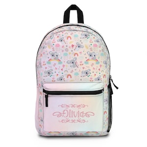 Sac à dos koala arc-en-ciel, cadeau de rentrée des classes, cartable personnalisé pour enfant, sac d'étudiant avec prénom personnalisé, cadeau d'anniversaire pour enfant, sac à dos de voyage