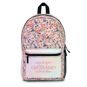 Sac à dos floral arc-en-ciel, cadeau de rentrée des classes, cartable personnalisé pour enfant, sac d'étudiant avec prénom personnalisé, cadeau d'anniversaire pour enfant, sac à dos de voyage