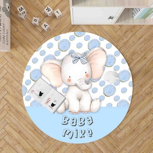 Baby Elefant Runder Teppich, Benutzerdefinierte Name Geburtstag Matte, Party Wohnkultur Teppich, Safari Animal Kinderzimmer Bereich Matte, Kreis Kinderzimmer Bodenmatte
