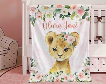 Personalized Baby Lion Blanket, Pink Floral Lion Nursery Blanket, Rose Flowers Little Girl Blanket, Kids Custom Blanket, Baby Shower Gift