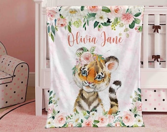 Baby Tiger Blanket, Pink Floral Tiger Nursery Blanket, Rose Flowers Little Girl Blanket, Personalized Baby Shower Gift, Kids Custom Blanket