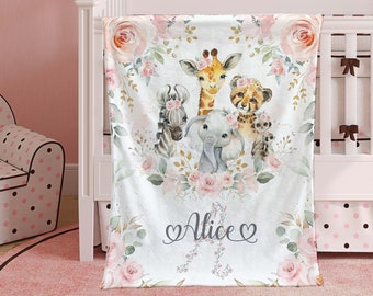Gepersonaliseerde babydeken met safaridieren, babydeken met bloemen, babydeken met bloemenprint voor peuters