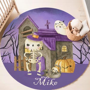Halloween Rug, Pumpkin Skeleton Carpet, Spooky Halloween Home Decor, Personalized Kids Room PlayMat, Round Kitchen Mat, Circle Floor Mat