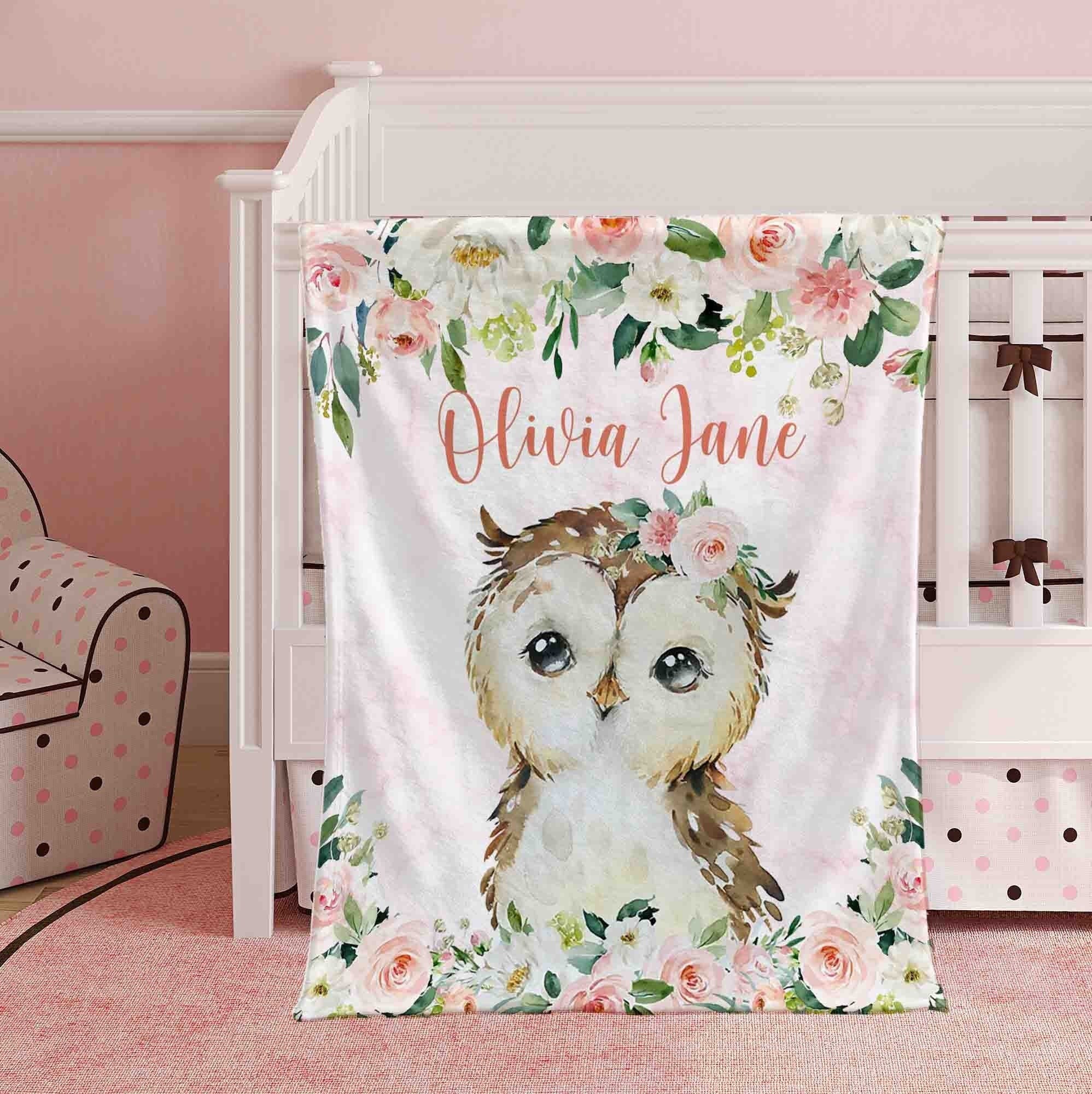 Pink Floral Owl Nursery Blanket, Personalized Baby Owl Blanket, Rose Flowers Girl Room Decor, Kids Custom Name Blanket, Baby Shower Gift