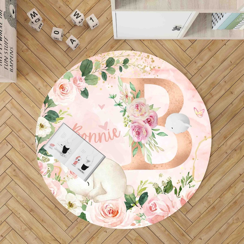 Custom Alphabet Round Rug Floral Letter Nursery Mat Rose Etsy UK
