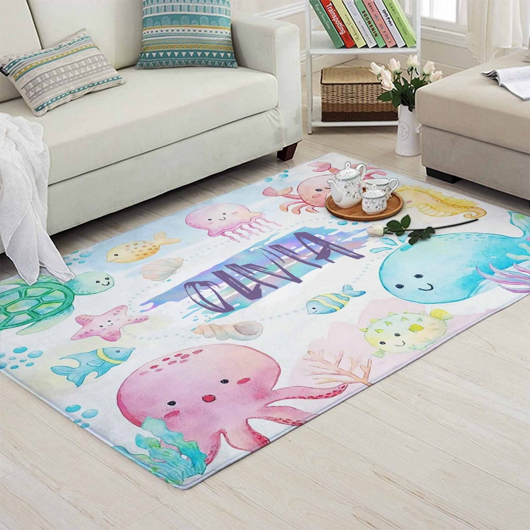 Sea Animals Rug Underwater World Carpet Custom Name Nursery Mat Sea Animals Rug Underwater World Carpet Custom Name Nursery Mat