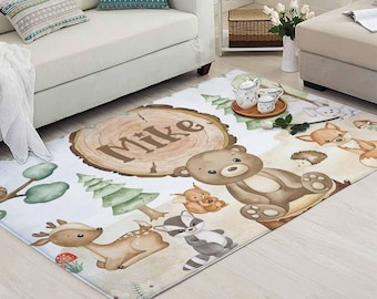 Woodland Animals Nursery Rug, Forest Animal Baby Play Mat, Custom Name Kids Playroom Carpet