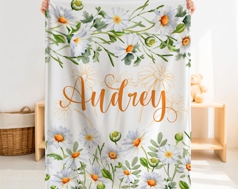Personalized Daisy Baby Blanket, Custom Name Floral Girl Gift