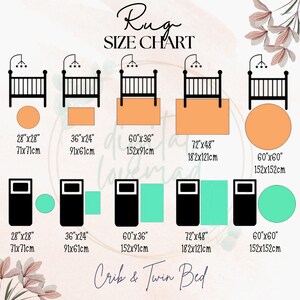 May include: A chart showing different rug sizes for cribs and twin beds. The chart shows the rug size in inches and centimeters. The rug sizes are 28" x 28", 36" x 24", 60" x 36", 72" x 48", and 60" x 60".