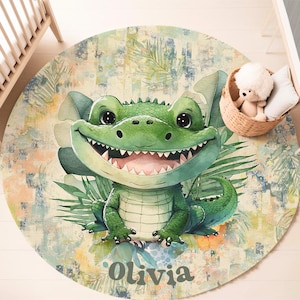 Baby Crocodile Nursery Rug Safari Animals Round Carpet Floral Baby Room Decor Forest Baby Shower Gift Jungle Kids Room Play Mat Playroom Rug