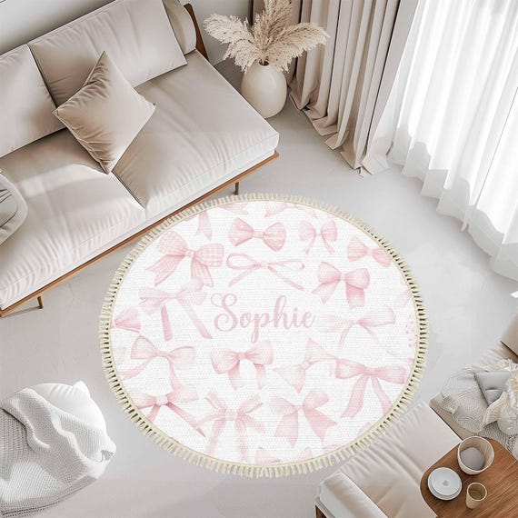 Pink Bow Round Cotton Rug, Coquette Nursery Playroom Mat - Etsy