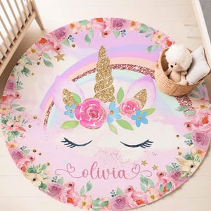 Regenbogen Einhorn Gesicht Runder Teppich, Floral Einhorn Kopf Kindergarten Teppich, Kinderzimmer Krabbeldecke, Blumen-Babypartygeschenk, Wohnzimmer Kreis Bodenmatte