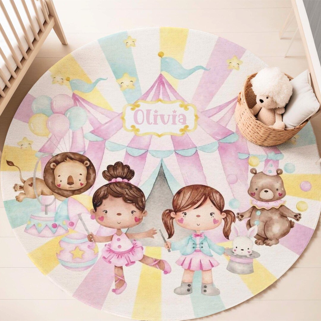 Circus Nursery Rug, Round Playroom Mat With Clowns & Animals - Etsy