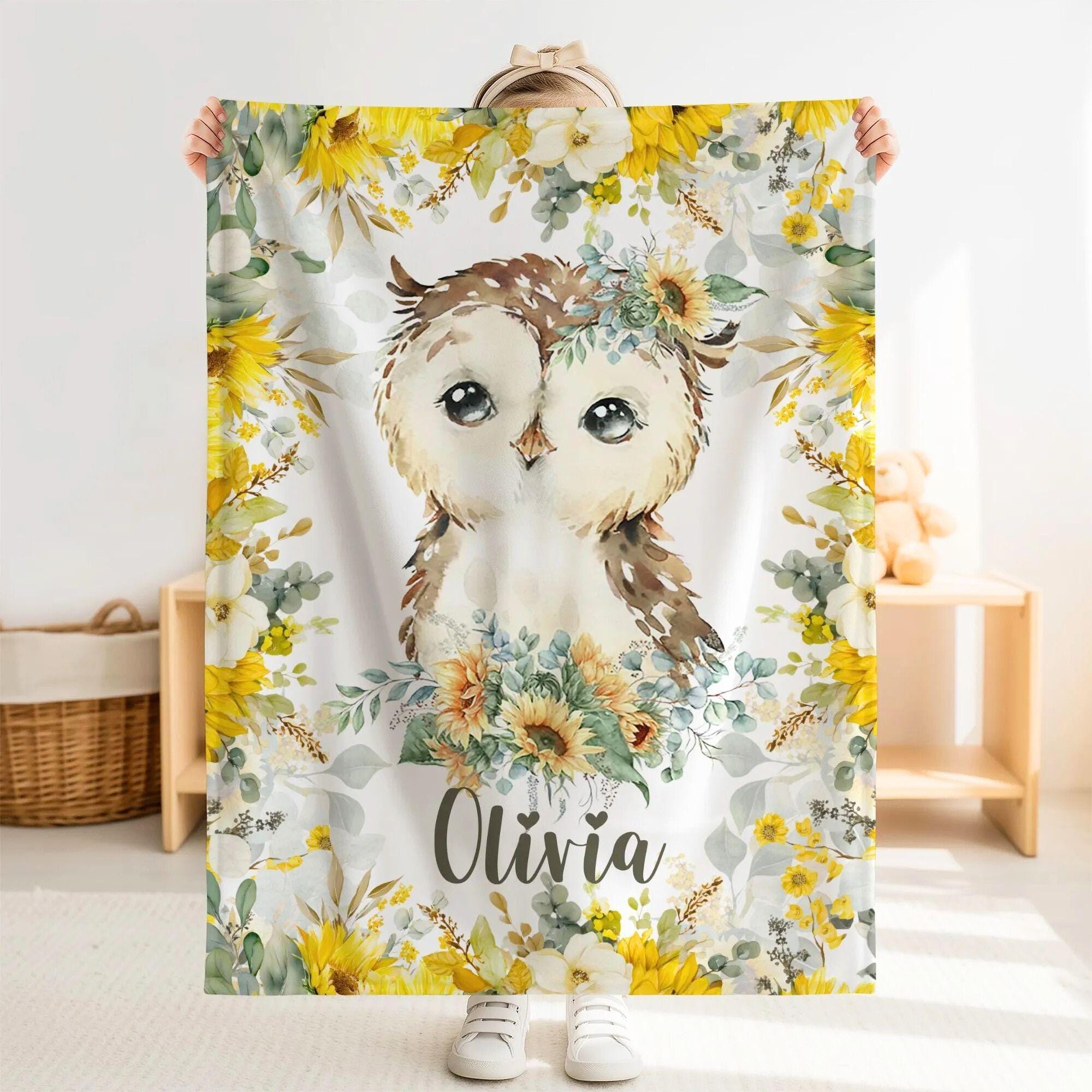 Personalized Owl Baby Blanket, Custom Name Sunflower Floral Minky Woodland Nursery Gift