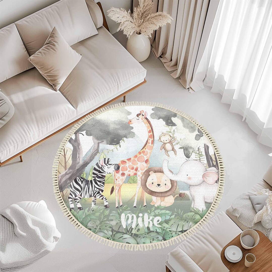 Jungle Animals Round Rug, Safari Animal Nursery Carpet, Toddler Play ...