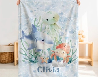 Manta personalizada de tiburón para bebé, regalo infantil con diseño de animal marino y nombre personalizado.