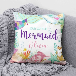 Little Mermaid Cushion, Sea Lover Pillow, Ocean Nursery Decor, Girl Room Decor, Custom Name Baby Shower Gift, Underwater Animals Pillow