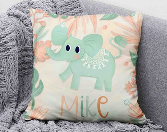 Floral Elephant Pillow, Personalized Nursery Cushion, Baby Shower Gift