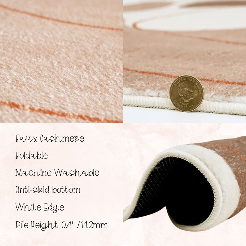 May include: A close-up of a brown faux cashmere rug with a white edge. The rug is machine washable and has an anti-skid bottom. The pile height is 0.4 inches or 11.2 millimeters.
