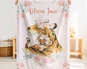 Copertina personalizzata per neonata con tigre, nome personalizzato per la mamma e il cucciolo, regalo safari floreale rosa