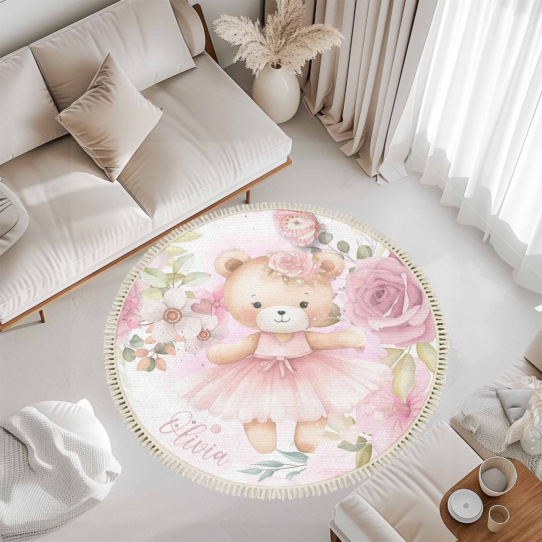 Baby Lisa Rug Personalized Baby Girl Round Rug, Teddy Bear Floral Nursery Rug, Custom ...