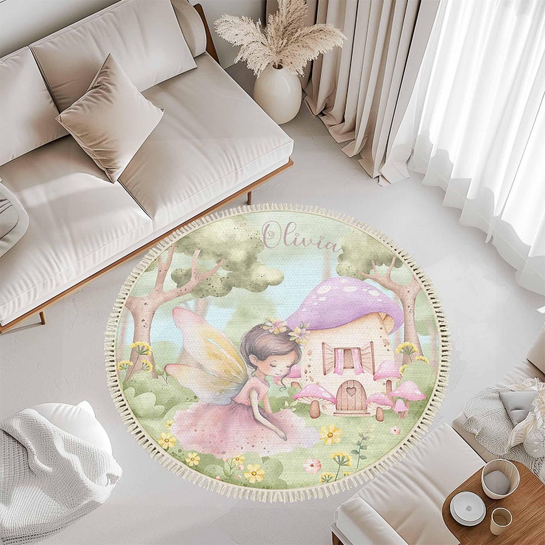 Fairy Rug Round Enchanted Forest Round Rug, Fairy Mushroom Kids Playroom Carpet, Baby ...