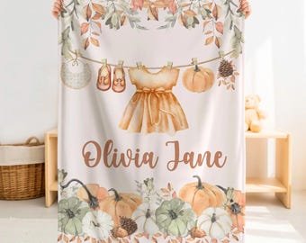 Personalized Pumpkin Baby Girl Blanket – Custom Name Autumn Clothesline Nursery Gift