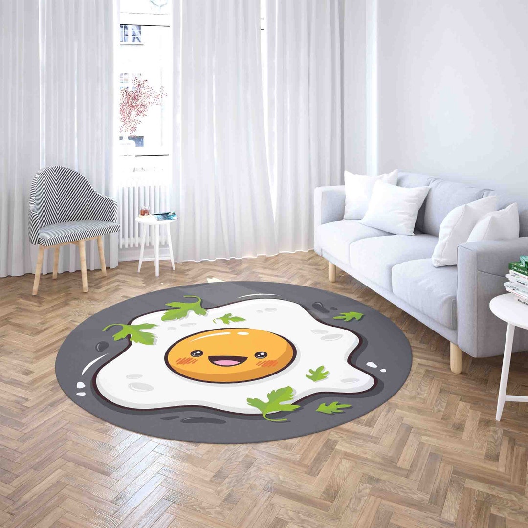3D Fried Egg Round Rug, Breakfast Good Morning Carpet, Food Lover Home