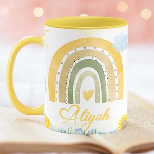 Boho Regenbogen Becher Kundenspezifische Sonnenblumen-Kaffeetasse Personalisierte Tasse für Kinder Teetasse Kinder Geburtstagsgeschenk Kinderbecher Zurück zu Schulgeschenk für Mädchen