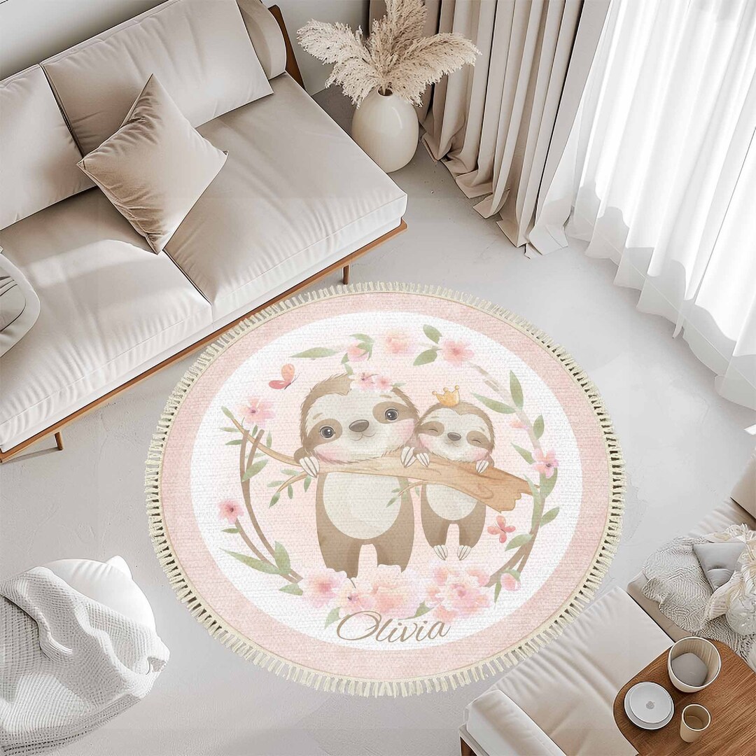 Mom & Baby Sloth Round Rug, Personalized Floral Nursery Carpet, Kids ...