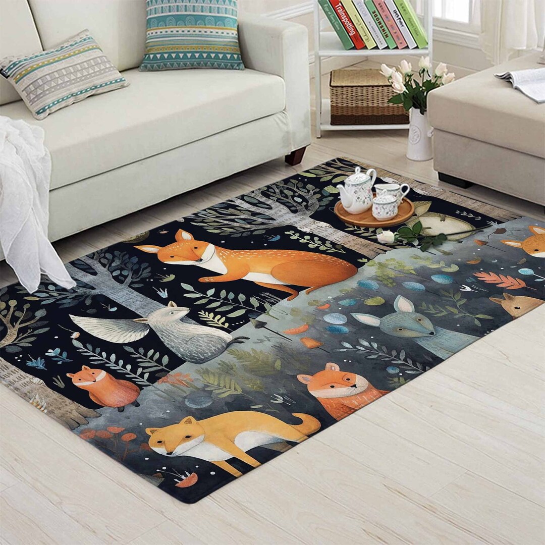Woodland Animals Area Rug Folk Art Nursery Mat Forest Animal Carpet ...