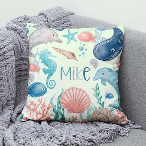 Sea Animals Pillow, Dolphin Kids Cushion, Ocean Nursery Decor, Baby Boy Room Decor, Custom Name Baby Shower Gift, Underwater Animals Pillow