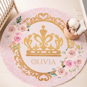 Kleine Prinzessin Kinderzimmer Teppich Königliche Krone Baby Mädchen Zimmer Dekor Personalisierte Baby-Dusche-Geschenk Rosa Blumen Kinderzimmer Kreis Krabbeldecke