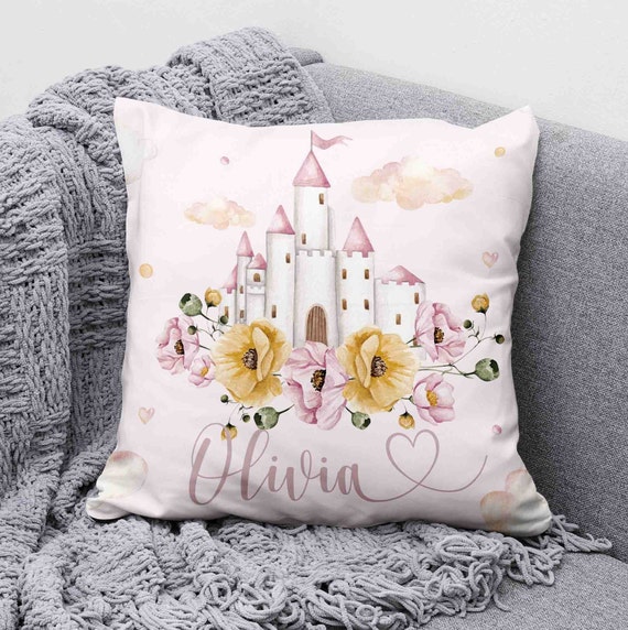 Floral Castle Nursery Cushion, Personalized Princess Pillow, Kids