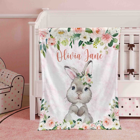Personalized Baby Bunny Blanket Pink Floral Rabbit Nursery Blanket Rose Flowers Little Girl Blanket Baby Shower Gift Kids Custom Blanket Etsy