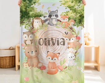 Personalized Woodland Animal Baby Blanket, Custom Name Forest Nursery Baby Shower Gift