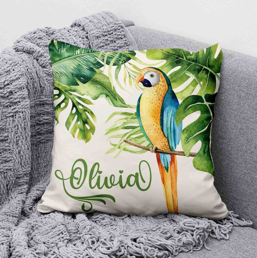 Tropical Parrot Pillow, Summer Tropical Leaves Cushion, Bird Lover Gift ...