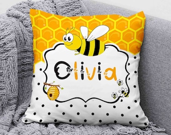 Personalized Honey Bee Pillow, Custom Name Nursery Decor Cushion
