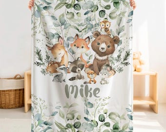 Personalized Woodland Animal Minky Baby Blanket – Custom Name Sage Forest Nursery