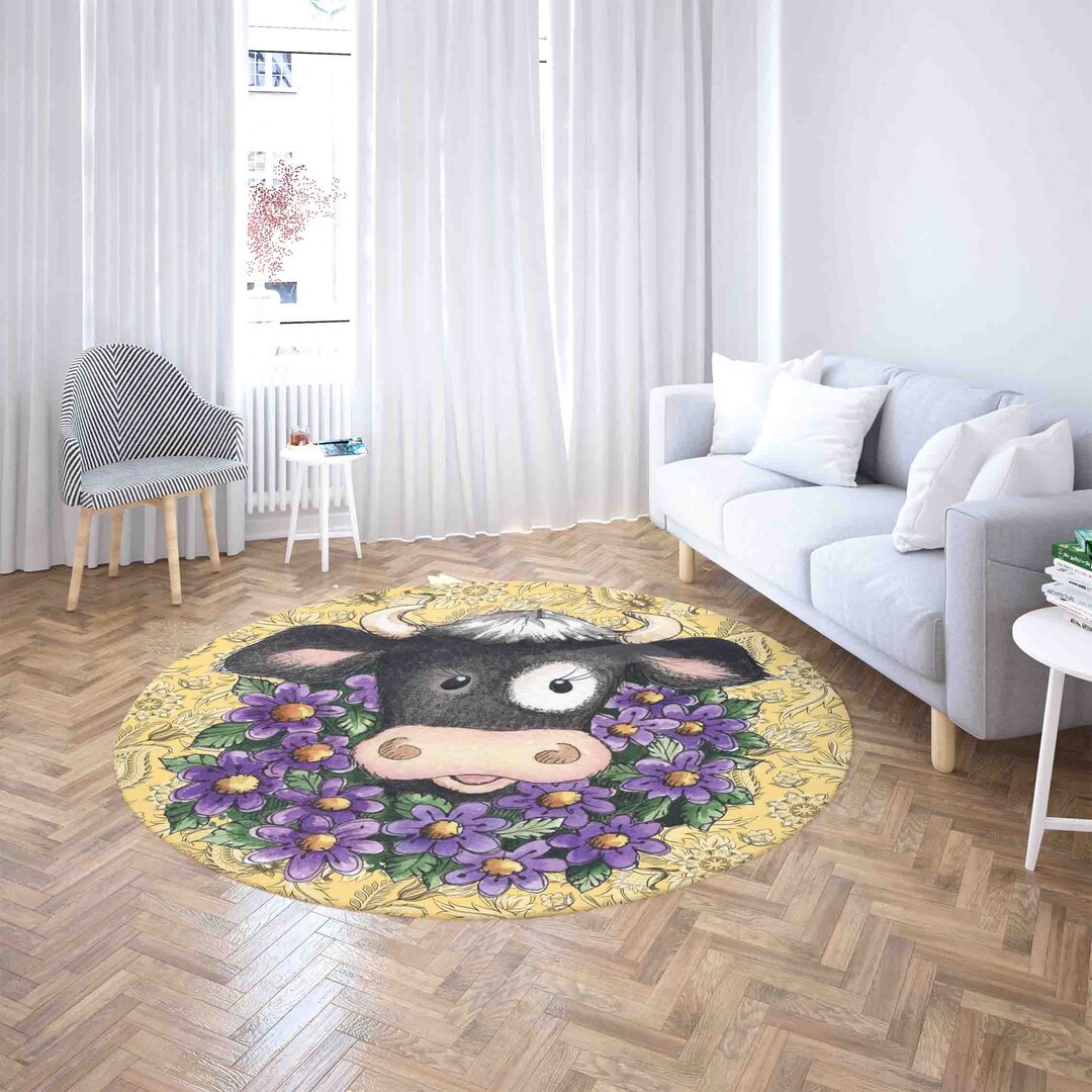 Cow Floral Wreath Round Rug, Farm Animal Living Room Carpet, Spring ...