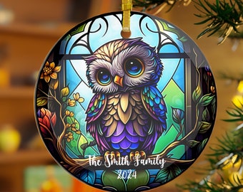 Stained Glass Ornament, Owl Personalized Keepsake, Winter Christmas Family Name Ornament, Custom Xmas Gift, First Christmas Tree Ornament