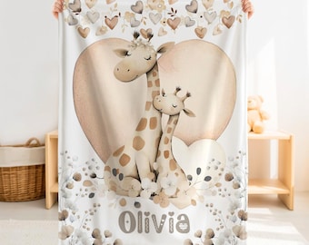 Personalized Giraffe Baby Blanket – Mom and Baby Neutral Safari, Custom Name