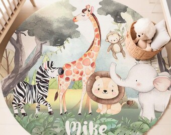 Safari Animals Kids Rug, Baby Nursery Play Mat, Jungle Playroom Carpet