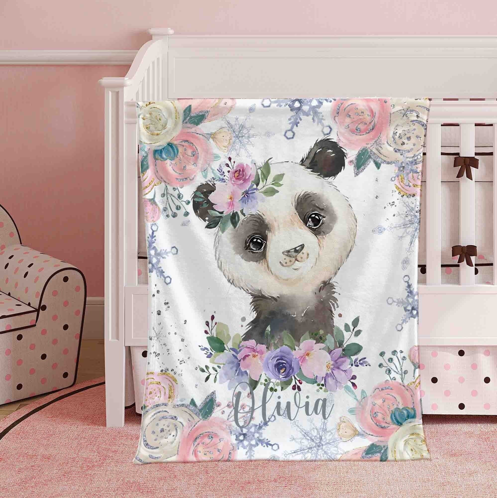 Winter Floral Panda Nursery Blanket, Personalized Baby Panda