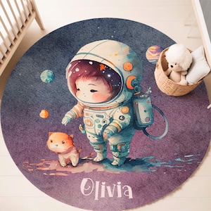 Little Astronaut Rug, Universe Galaxy Round Carpet, Custom Name Nursery Mat, Space Party Home Decor, Kids Room Play Mat, Kids Birthday Gift